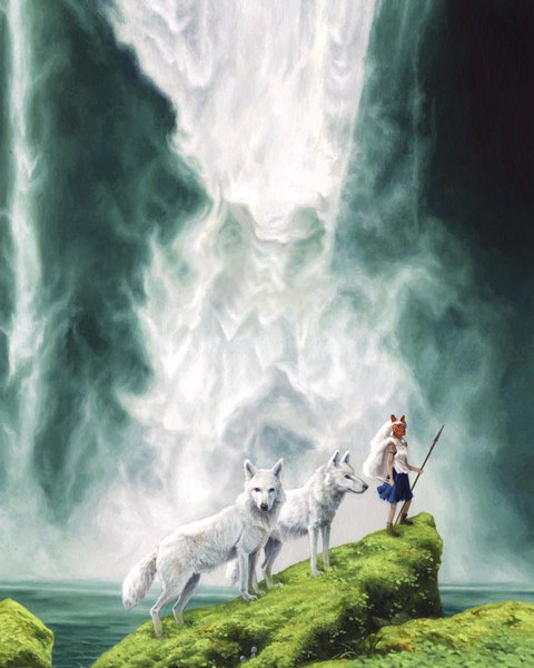 イラスト 1638x2048 と mononoke hime ジブリ サン モロの子 erik krenz ソロ 長身像 立つ waterfall 女の子 スカート 武器 動物 水 ブーツ 仮面 ネックレス 槍 短剣 wolf