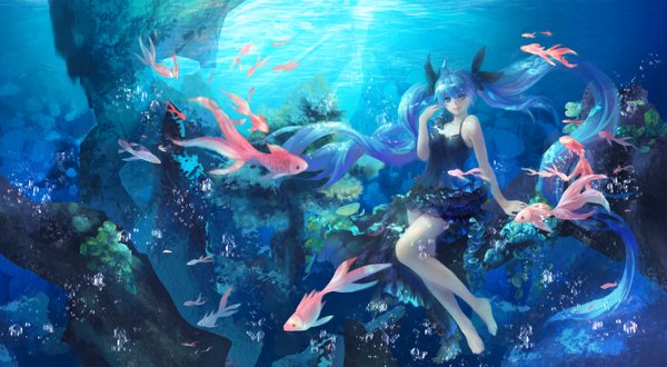 Anime picture 3000x1651 with vocaloid shinkai shoujo (vocaloid) hatsune miku noodles (artist) single looking at viewer fringe highres smile wide image twintails bent knee (knees) very long hair barefoot bare legs legs underwater girl dress animal