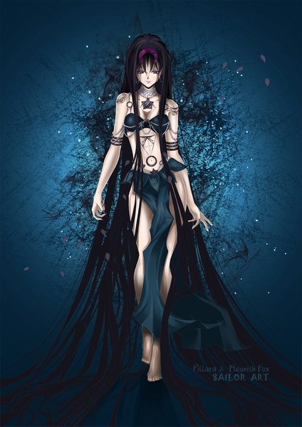Anime picture 835x1181 with bishoujo senshi sailor moon toei animation tomoe hotaru mistress 9 pillara single tall image looking at viewer fringe breasts light erotic black hair simple background hair between eyes standing purple eyes bare shoulders signed payot cleavage
