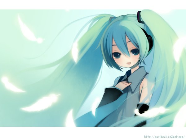 イラスト 1024x768 と ボーカロイド 初音ミク puti devil 長髪 ツインテール 緑の目 green hair watermark 女の子 袖だけ ヘッドフォン