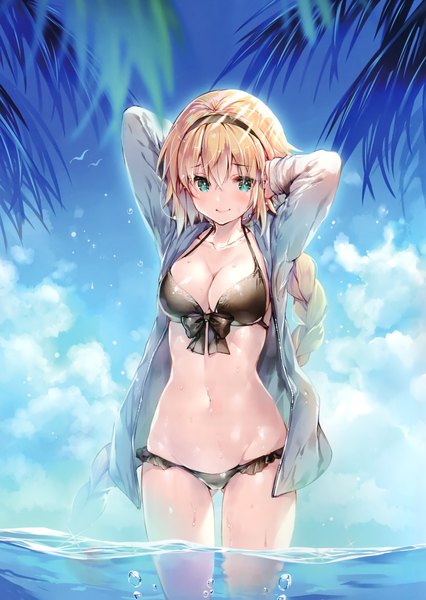 Anime picture 2096x2954 with fate (series) fate/grand order jeanne d'arc (fate) (all) jeanne d'arc (swimsuit archer) miwabe sakura single tall image looking at viewer blush fringe highres breasts light erotic blonde hair hair between eyes standing sky cleavage cloud (clouds) outdoors