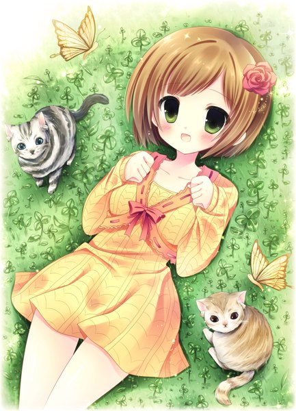 Anime picture 1500x2078 with original kouta. single tall image blush short hair open mouth brown hair green eyes hair flower girl dress hair ornament insect butterfly cat