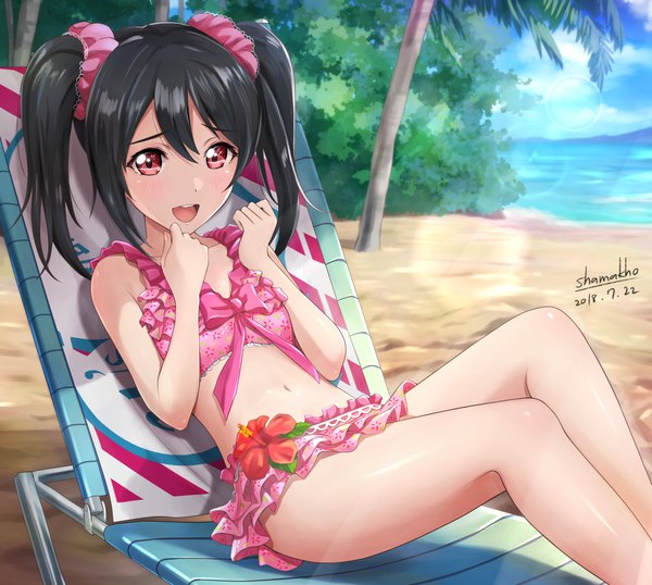 Anime picture 1394x1250 with love live! school idol project sunrise (studio) love live! yazawa nico shamakho single long hair looking at viewer blush fringe open mouth light erotic black hair hair between eyes red eyes twintails signed payot sky cloud (clouds)