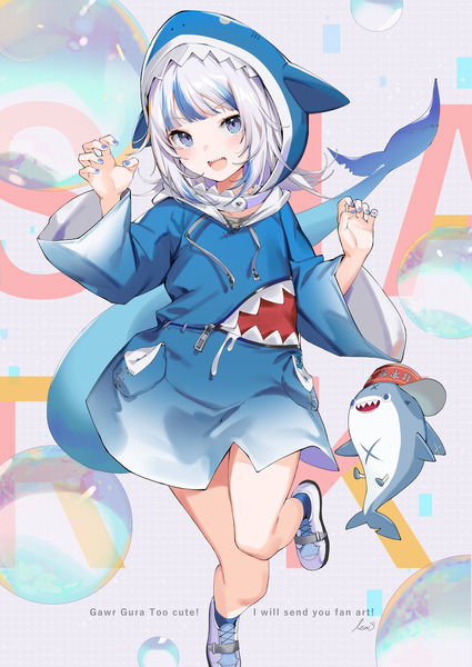 Anime picture 2508x3541 with virtual youtuber hololive hololive english gawr gura gawr gura (1st costume) bloop (gawr gura) ikomochi single long hair tall image looking at viewer blush fringe highres open mouth blue eyes smile standing silver hair tail