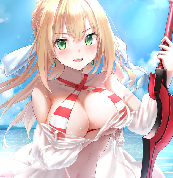 Anime picture 1600x1650 with fate (series) fate/grand order nero claudius (fate) nero claudius (swimsuit caster) (fate) kachayori single long hair tall image looking at viewer blush fringe breasts open mouth light erotic blonde hair smile hair between eyes large breasts green eyes payot