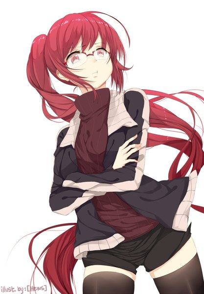 Anime picture 800x1150 with original hews single long hair tall image looking at viewer simple background red eyes white background ponytail red hair open clothes open jacket zettai ryouiki floating hair crossed arms :t girl thighhighs black thighhighs
