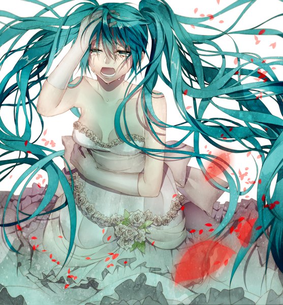 Anime picture 742x800 with vocaloid hatsune miku tsukioka tsukiho single tall image fringe open mouth white background twintails bare shoulders very long hair aqua eyes from above aqua hair tears hand on head crying wedding girl dress