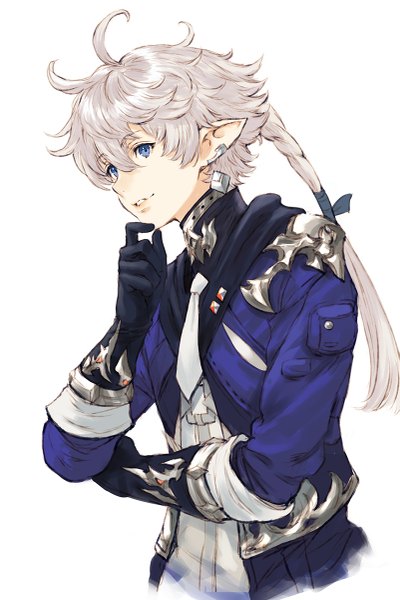 Anime picture 801x1200 with final fantasy final fantasy xiv square enix elezen alphinaud leveilleur makimura shunsuke single long hair tall image fringe blue eyes simple background smile hair between eyes white background looking away silver hair upper body ahoge braid (braids)