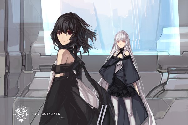 Anime picture 2267x1511 with original pixiv fantasia pixiv fantasia fallen kings paradise (character) swd3e2 long hair looking at viewer highres black hair bare shoulders multiple girls brown eyes white hair inscription girl dress 2 girls detached sleeves