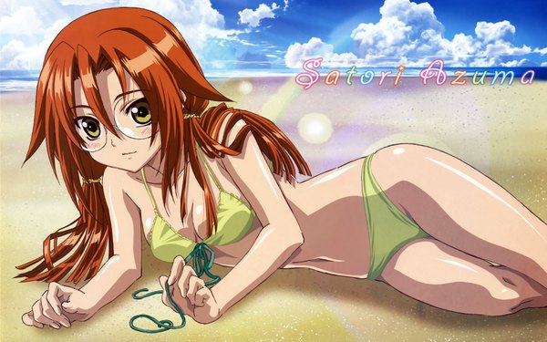 Anime picture 1920x1200 with bamboo blade azuma satori highres light erotic wide image yellow eyes cloud (clouds) lying orange hair beach girl swimsuit glasses