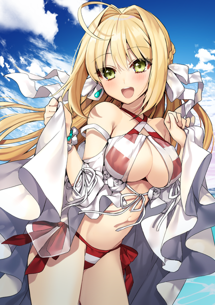 Anime picture 1062x1505 with fate (series) fate/grand order nero claudius (fate) (all) nero claudius (swimsuit caster) (fate) gambe single long hair tall image blush breasts open mouth light erotic blonde hair smile large breasts standing bare shoulders holding green eyes payot