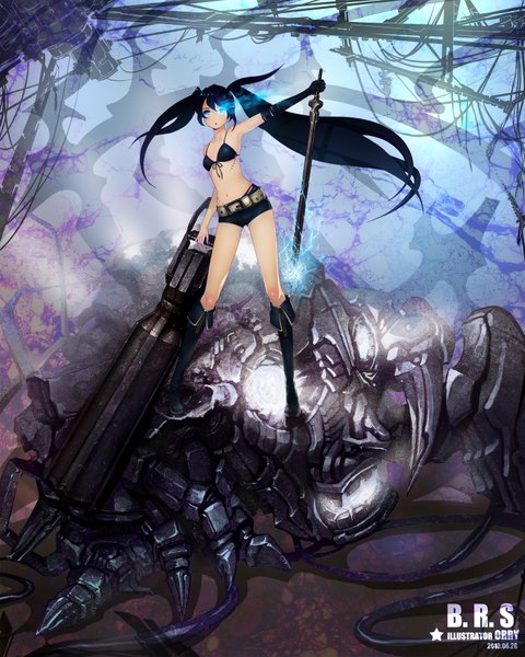 Anime picture 1440x1800 with black rock shooter black rock shooter (character) orry long hair tall image highres blue eyes black hair twintails glowing scar glowing eye (eyes) girl weapon sword shorts gun bikini top huge weapon