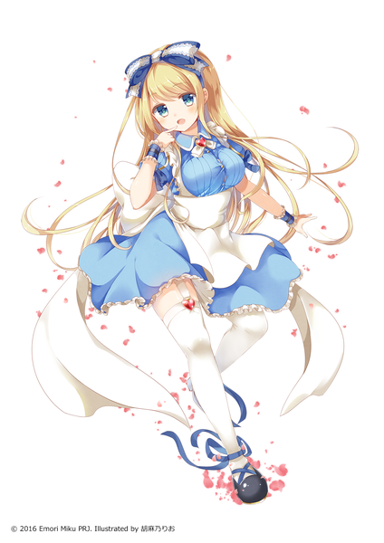 Anime picture 1357x1920 with original emori miku project emu alice emilion single long hair tall image looking at viewer blush open mouth blue eyes simple background blonde hair white background full body :d finger to mouth girl thighhighs dress