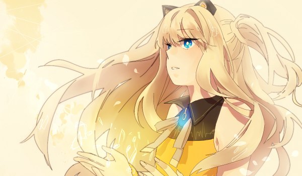 Anime-Bild 1200x700 mit vocaloid seeu 249 single long hair blue eyes blonde hair wide image white background animal ears looking away upper body cat ears two side up girl