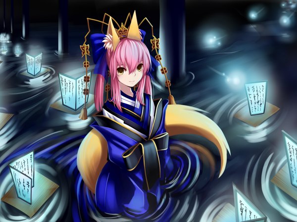 Anime picture 3507x2633 with fate (series) fate/extra type-moon tamamo (fate) (all) tamamo no mae (fate) single long hair looking at viewer highres smile yellow eyes pink hair absurdres japanese clothes light smile fox ears fox tail girl hair ornament water