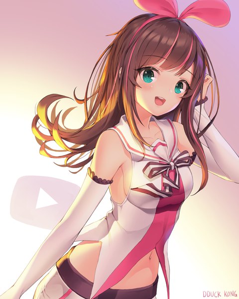 Anime-Bild 1600x2000 mit virtual youtuber a.i. channel kizuna ai lee seok ho single long hair tall image looking at viewer blush fringe breasts open mouth smile brown hair standing bare shoulders signed payot upper body :d