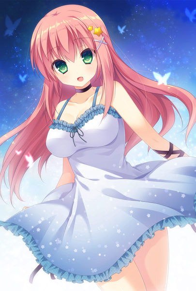 Anime-Bild 1034x1530 mit original nagisa rio single long hair tall image looking at viewer blush fringe breasts open mouth light erotic smile hair between eyes large breasts standing bare shoulders green eyes payot cleavage red hair