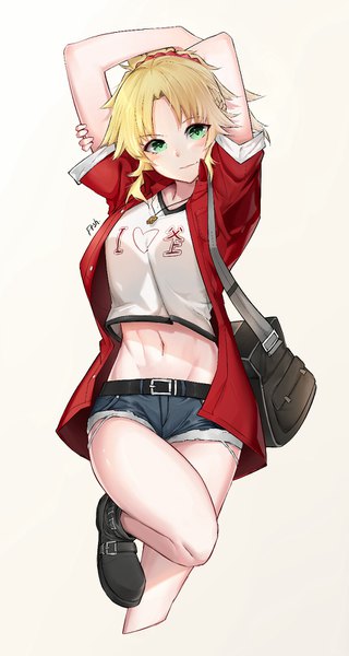 Anime picture 860x1610 with fate (series) fate/grand order fate/apocrypha mordred (fate) kamoboko single tall image looking at viewer blush fringe short hair blonde hair simple background standing green eyes signed payot arms up open jacket midriff