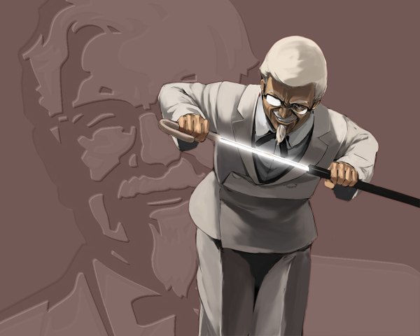 Аниме картинка 1280x1024 с kfc (company) colonel sanders kuroko (piii) один (одна) короткие волосы белые волосы оголение мужчина оружие меч очки катана ножны борода смокинг
