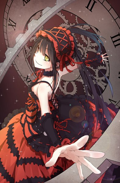 Anime picture 590x900 with date a live tokisaki kurumi byakuya reki single long hair tall image looking at viewer black hair red eyes yellow eyes heterochromia turning head spread arms lolita fashion uneven twintails girl dress detached sleeves choker frills