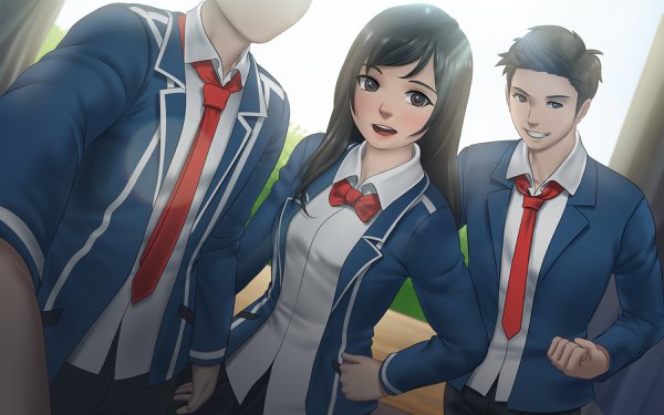 Anime picture 2400x1500 with love convention viva donna mawa setiawan long hair looking at viewer highres short hair open mouth black hair smile game cg long sleeves black eyes multiple boys hand on hip head out of frame girl boy uniform school uniform