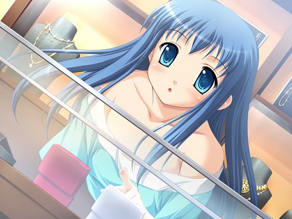 Anime picture 1024x768 with alto miharu - alto another story kagami shouko single long hair looking at viewer blush open mouth blue eyes blue hair game cg loli girl