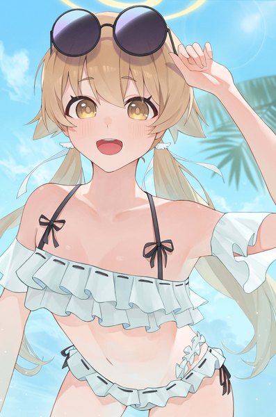 Anime picture 4085x6177 with blue archive hifumi (blue archive) hifumi (swimsuit) (blue archive) randouworks single long hair tall image fringe highres light erotic blonde hair hair between eyes twintails yellow eyes absurdres sky outdoors low twintails official alternate costume sunglasses on head