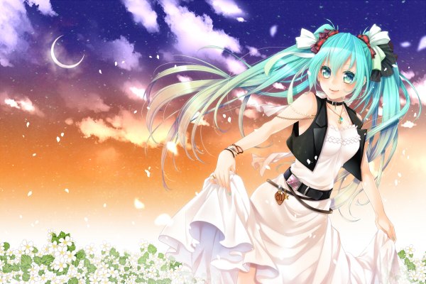 Anime picture 1200x800 with vocaloid hatsune miku yama chaka0w0 single long hair looking at viewer blush smile twintails sky cloud (clouds) aqua eyes aqua hair girl dress flower (flowers) petals pendant