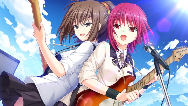 Anime picture 1280x720 with angel beats! key (studio) iwasawa masami hisako (angel beats!) na-ga looking at viewer fringe short hair open mouth hair between eyes red eyes brown hair wide image standing multiple girls holding looking away pink hair cloud (clouds) outdoors