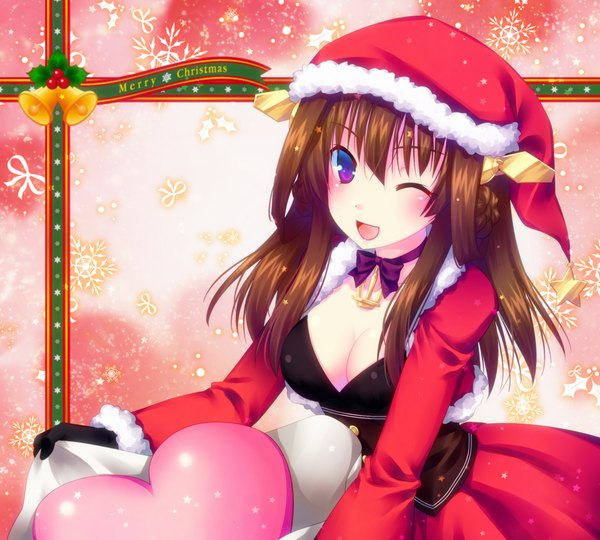 Anime picture 1000x900 with kantai collection kongou battleship door to heaven single long hair looking at viewer blush open mouth brown hair purple eyes one eye closed wink fur trim christmas merry christmas girl dress gloves hat black gloves