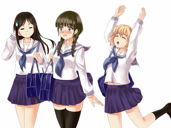 Anime picture 1024x768 with hanasaku iroha p.a. works matsumae ohana oshimizu nako tsurugi minko long hair blush short hair open mouth black hair blonde hair simple background white background multiple girls brown eyes braid (braids) eyes closed twin braids girl thighhighs