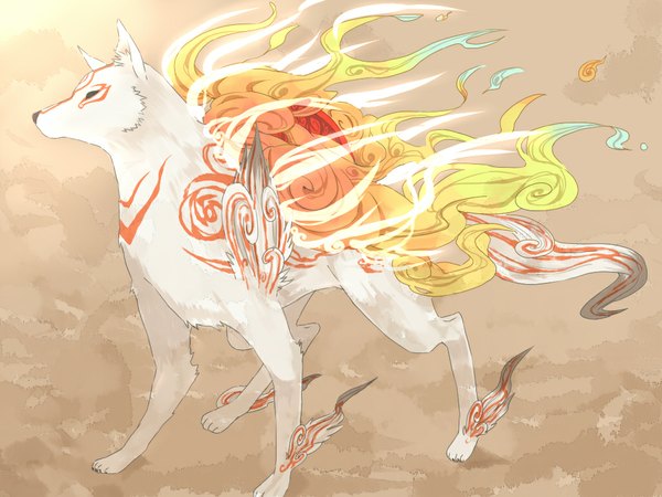 Anime picture 1024x768 with okami amaterasu (okami) anbivarens (artist) simple background animal fire wolf