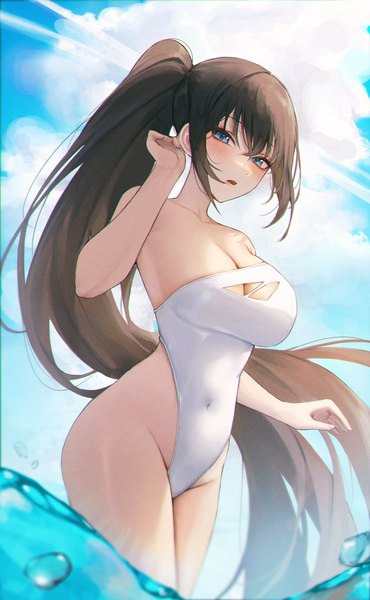 Anime picture 1500x2435 with original ame 816 single tall image looking at viewer blush fringe breasts open mouth blue eyes light erotic hair between eyes brown hair large breasts standing payot sky cloud (clouds) outdoors ponytail