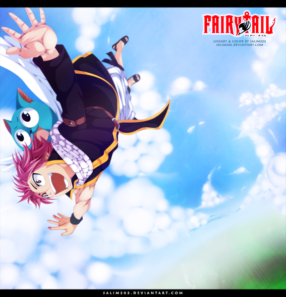 Anime picture 1077x1120 with fairy tail natsu dragneel happy (fairy tail) salim202 tall image short hair open mouth smile brown eyes pink hair sky cloud (clouds) black eyes sunlight inscription sleeveless coloring spread arms flying muscle