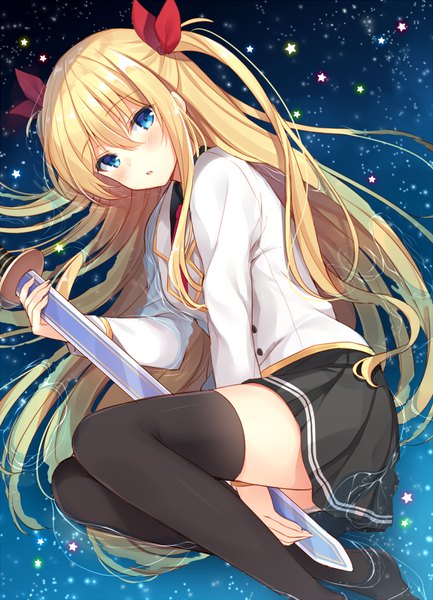 Anime picture 800x1109 with original shiromikan single long hair tall image looking at viewer blush fringe blue eyes blonde hair simple background twintails bent knee (knees) pleated skirt no shoes zettai ryouiki between legs girl skirt weapon