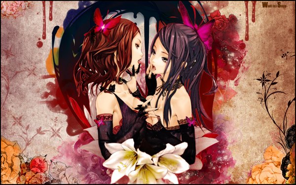 Anime picture 1920x1200 with original redjuice snyp (r0pyns) highres open mouth light erotic black hair brown hair wide image multiple girls black eyes holding hands shoujo ai third-party edit interlocked fingers girl gloves flower (flowers) bow 2 girls