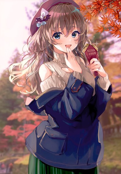 Anime picture 2097x3011 with original puracotte single long hair tall image looking at viewer blush fringe highres open mouth blue eyes hair between eyes brown hair standing outdoors :d fingernails blurry scan off shoulder