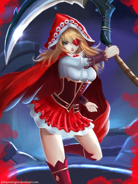Anime picture 1536x2048 with mobile legends: bang bang ruby (mobile legends) johnpendragon single long hair tall image looking at viewer blonde hair standing grey eyes standing on one leg underbust girl weapon hood cape eyepatch knee boots corset scythe