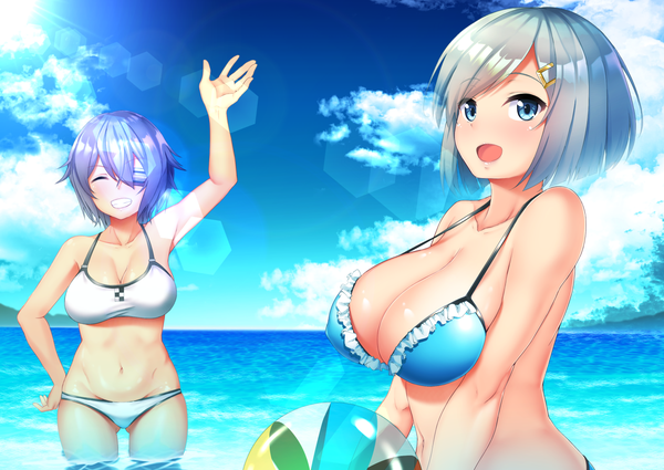 Anime picture 1551x1100 with kantai collection hamakaze destroyer tenryuu light cruiser azihurai looking at viewer blush fringe short hair breasts open mouth light erotic smile hair between eyes large breasts standing multiple girls holding blue hair sky silver hair