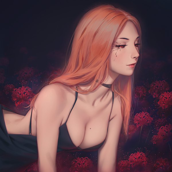 Anime picture 1280x1280 with tokyo ghoul studio pierrot itori (tokyo ghoul) miura-n315 single long hair blush breasts light erotic red eyes large breasts bare shoulders looking away cleavage upper body lips orange hair realistic mole facial mark