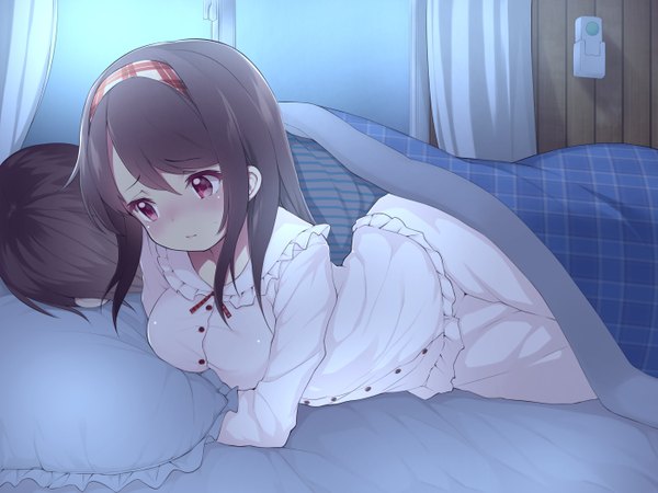 Anime picture 1400x1050 with original pokachu blush red eyes brown hair lying sleeping girl boy hairband pajamas