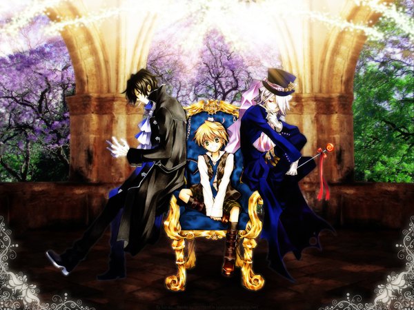 Anime picture 1600x1200 with pandora hearts xebec gilbert nightray xerxes break oz bezarius looking at viewer short hair blonde hair smile red eyes green eyes multiple boys boy gloves plant (plants) hat tree (trees) necktie food white gloves