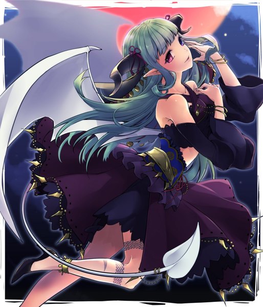 Anime-Bild 857x1000 mit fortune tellers academy aiyatsuverse ataka takeru single long hair tall image looking at viewer fringe blue eyes smile red eyes bare shoulders payot tail blunt bangs long sleeves parted lips horn (horns) green hair wind