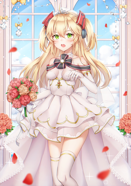 Anime picture 848x1200 with azur lane admiral hipper (azur lane) pong (vndn124) single long hair tall image blush fringe breasts open mouth blonde hair hair between eyes standing bare shoulders holding green eyes sky cloud (clouds) indoors off shoulder