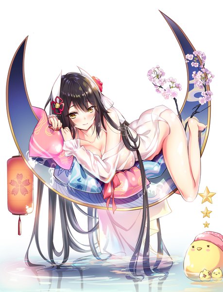 Anime picture 1530x2000 with azur lane manjuu (azur lane) hiei (azur lane) hiei (pilgrimage of moonlight) (azur lane) youta single long hair tall image looking at viewer blush fringe breasts light erotic black hair simple background smile hair between eyes white background yellow eyes full body