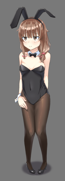 Anime picture 753x2070 with seishun buta yarou cloverworks azusagawa kaede sansu single long hair tall image fringe breasts light erotic simple background hair between eyes brown hair standing bare shoulders brown eyes animal ears payot looking away cleavage