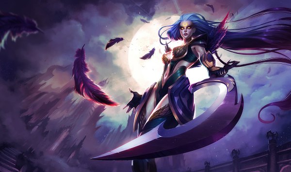 Anime picture 1211x716 with league of legends diana (league of legends) single long hair looking at viewer wide image blue hair sky cloud (clouds) orange eyes city crescent girl gloves armor fingerless gloves moon feather (feathers) full moon