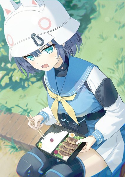 Anime picture 955x1351 with blue archive saki (blue archive) wasabi60 single tall image fringe short hair open mouth hair between eyes blue hair aqua eyes from above sweatdrop girl uniform serafuku food helmet obento