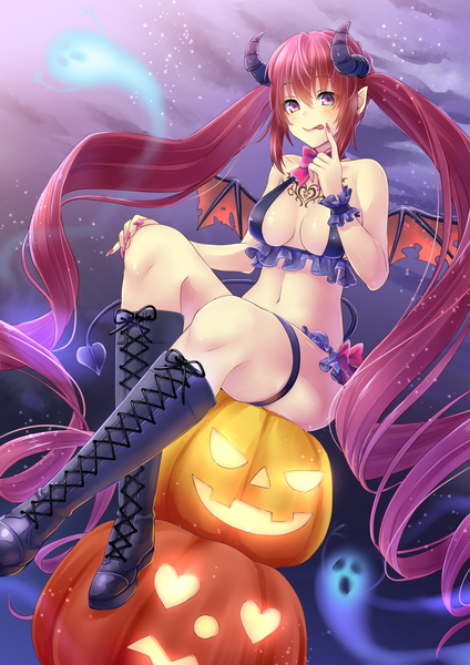 Anime picture 1000x1416 with original daidai jamu single tall image looking at viewer blush fringe breasts light erotic hair between eyes sitting twintails purple eyes cleavage bent knee (knees) tail very long hair nail polish multicolored hair horn (horns)