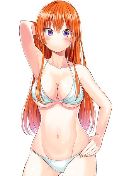 Anime picture 635x900 with original nishigori atsushi single long hair tall image looking at viewer blush fringe breasts light erotic simple background hair between eyes large breasts standing white background purple eyes fingernails orange hair armpit (armpits) embarrassed